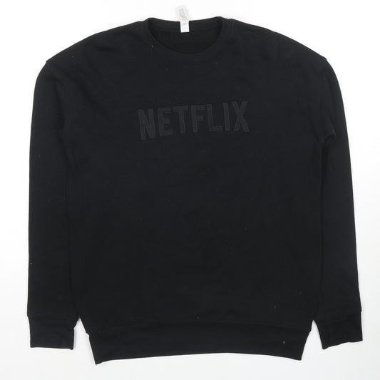 Front view of Netflix men’s black cotton pullover sweatshirt, size S, - netflix