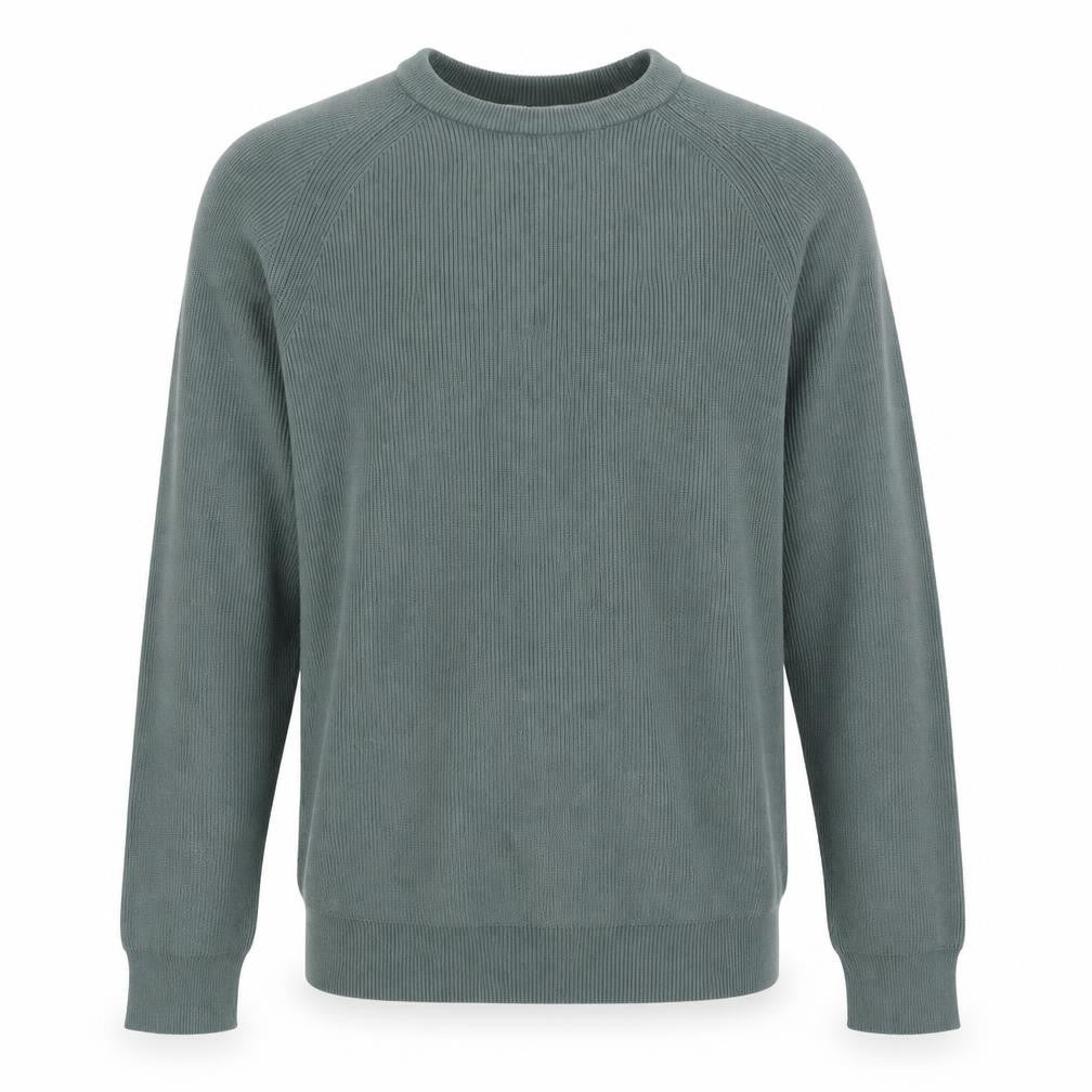 Front view of River Island men’s green round neck cotton jumper, size L, long sleeve