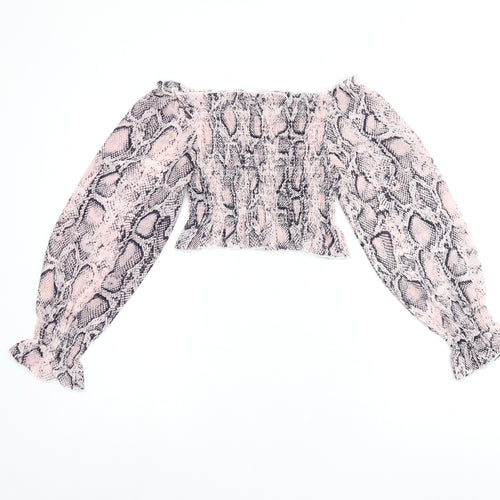 Jeuvre Womens Pink Animal Print Polyester Cropped Blouse Size 10 Off the Shoulder - Snake Print, Shirred