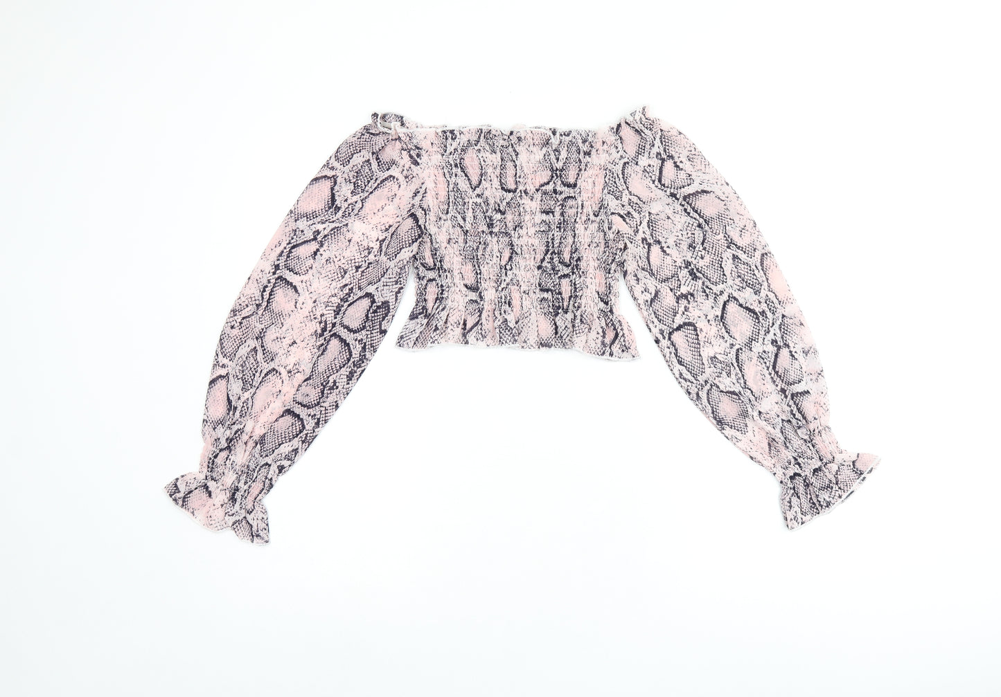 Jeuvre Womens Pink Animal Print Polyester Cropped Blouse Size 10 Off the Shoulder - Snake Print, Shirred