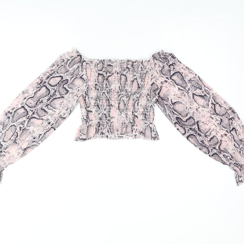 Jeuvre Womens Pink Animal Print Polyester Cropped Blouse Size 10 Off the Shoulder - Snake Print, Shirred