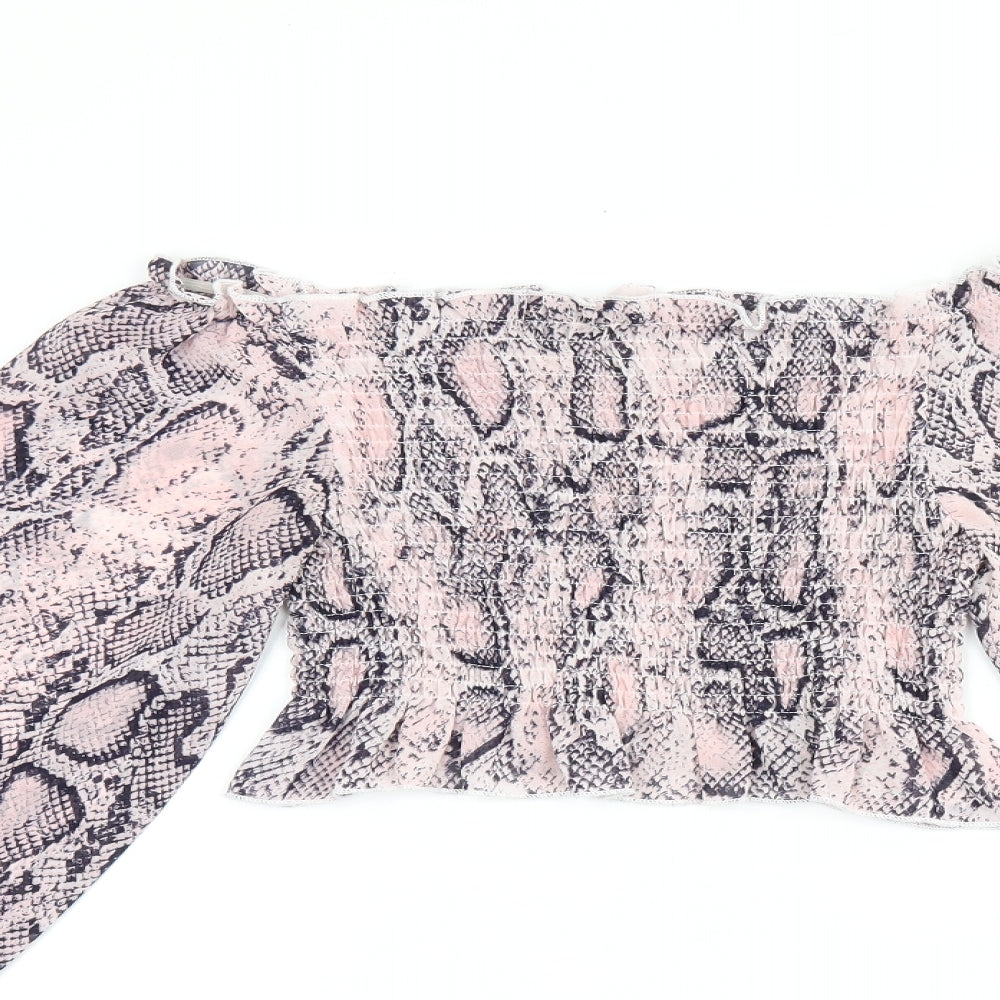 Jeuvre Womens Pink Animal Print Polyester Cropped Blouse Size 10 Off the Shoulder - Snake Print, Shirred