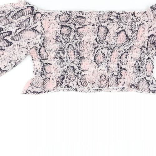 Jeuvre Womens Pink Animal Print Polyester Cropped Blouse Size 10 Off the Shoulder - Snake Print, Shirred