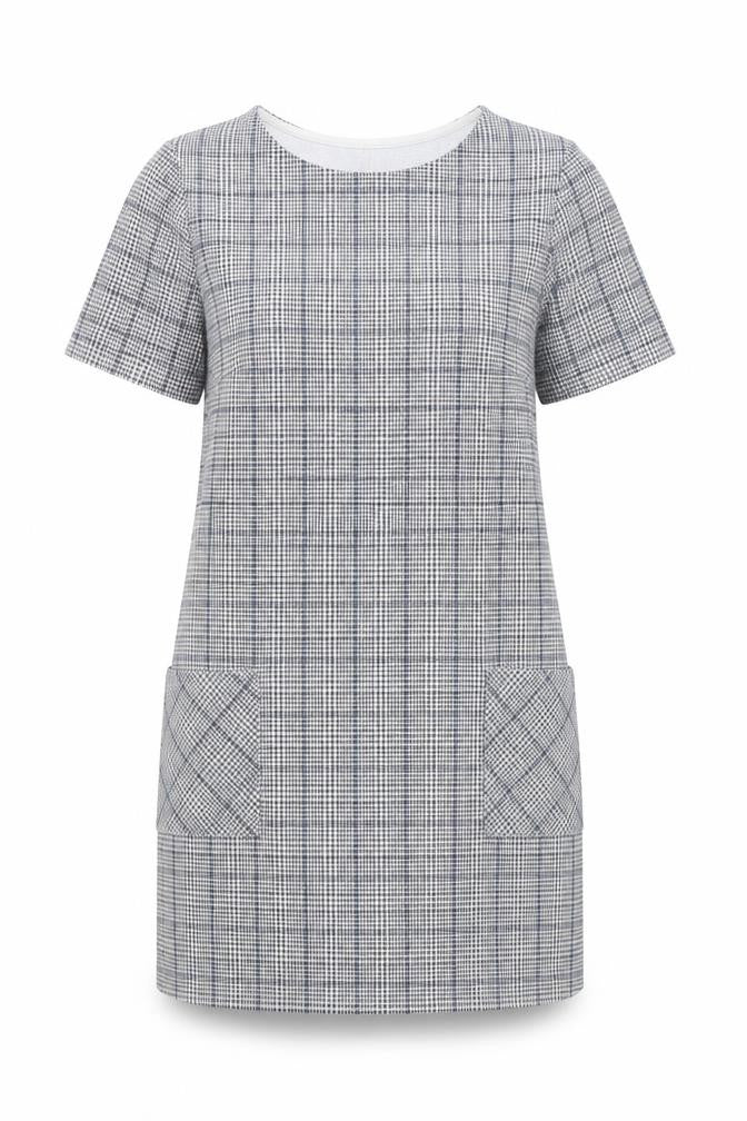Front view of INNOCENCE women’s grey plaid polyester shift, size UK 10, boat neck pullover