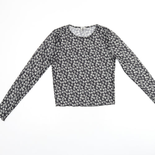ASOS Womens Black Floral Polyester Basic T-Shirt Size 10 Round Neck - Daisy Print Sheer