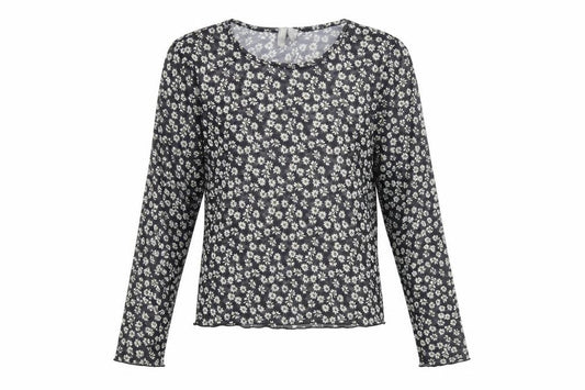 Front view of ASOS women’s black floral polyester basic t-shirt, size UK 10, round neck - daisy print sheer