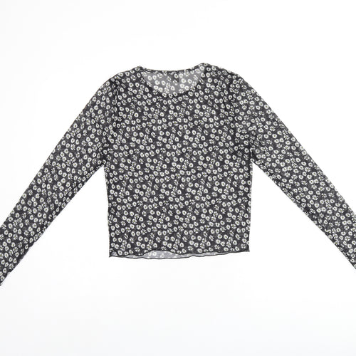 ASOS Womens Black Floral Polyester Basic T-Shirt Size 10 Round Neck - Daisy Print Sheer