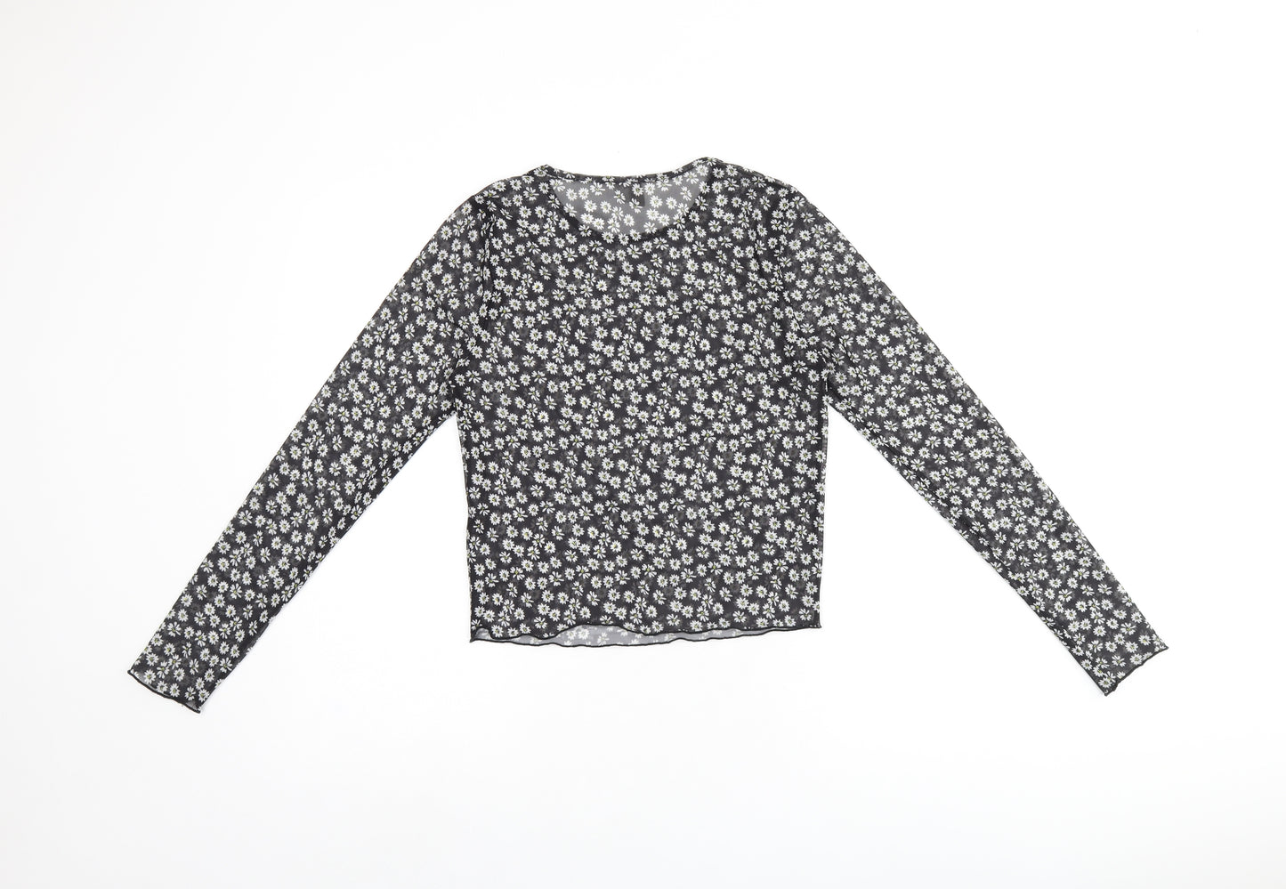 ASOS Womens Black Floral Polyester Basic T-Shirt Size 10 Round Neck - Daisy Print Sheer