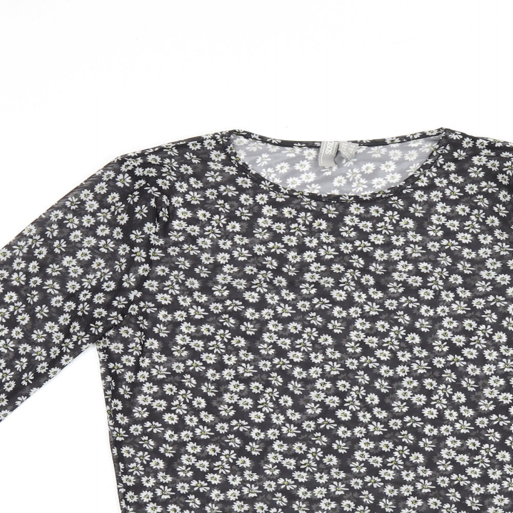 ASOS Womens Black Floral Polyester Basic T-Shirt Size 10 Round Neck - Daisy Print Sheer
