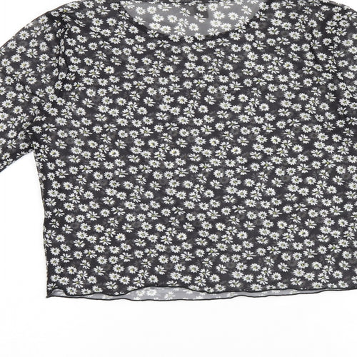 ASOS Womens Black Floral Polyester Basic T-Shirt Size 10 Round Neck - Daisy Print Sheer