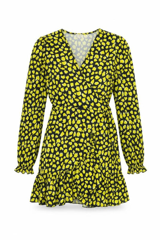 Front view of Zack women’s black geometric polyester wrap dress, size UK 8, v-neck tie
