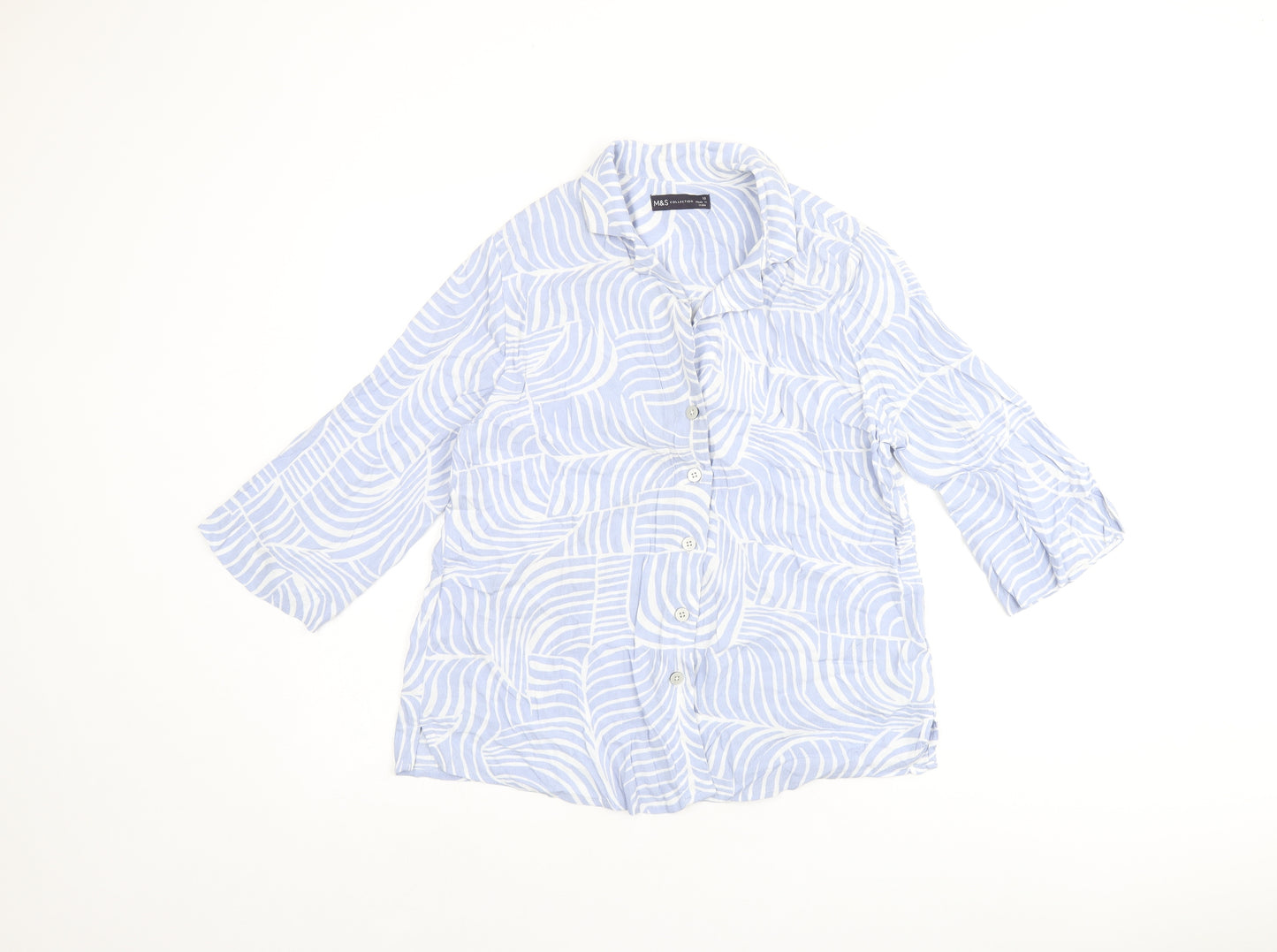 Marks and Spencer Womens Blue Geometric Viscose Basic Button-Up Size 10 Collared