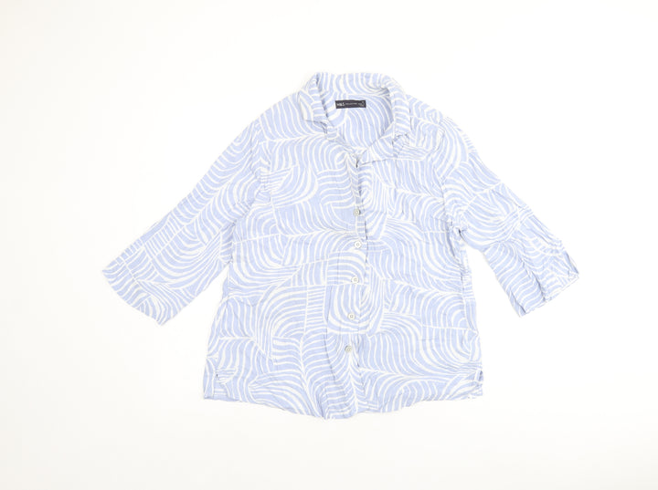 Marks and Spencer Womens Blue Geometric Viscose Basic Button-Up Size 10 Collared