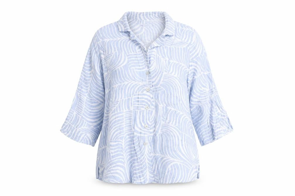 Marks & Spencer Womens Blue Geometric Viscose Basic Button-Up Size 10 Collared