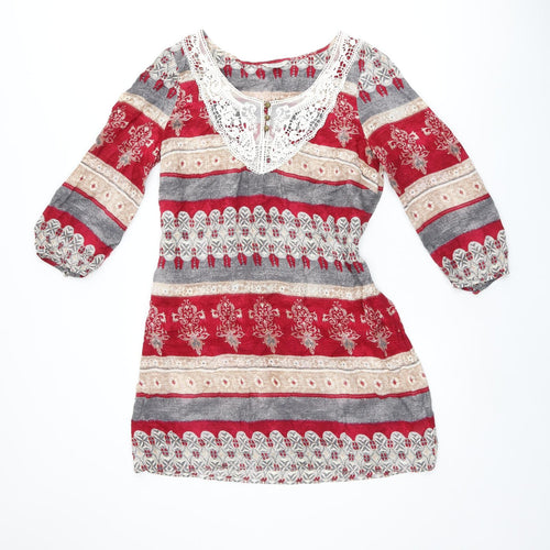 Indigo Womens Multicoloured Geometric Viscose Shift Size 12 Scoop Neck Pullover - Lace Details
