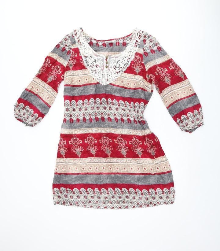 Indigo Womens Multicoloured Geometric Viscose Shift Size 12 Scoop Neck Pullover - Lace Details