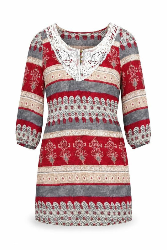 Front view of Indigo women’s multicoloured geometric viscose shift, size UK 12, scoop neck pullover - lace details