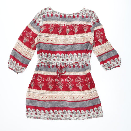 Indigo Womens Multicoloured Geometric Viscose Shift Size 12 Scoop Neck Pullover - Lace Details