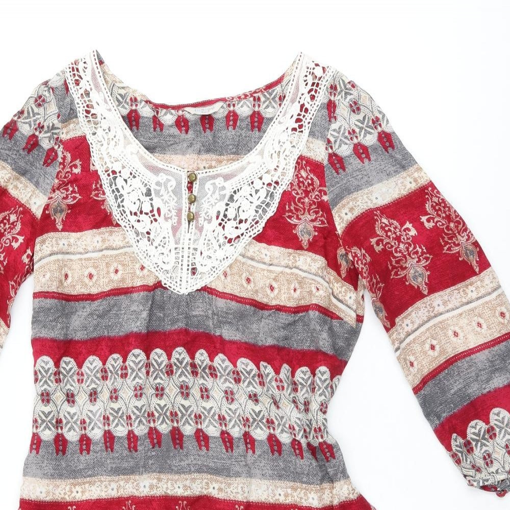 Indigo Womens Multicoloured Geometric Viscose Shift Size 12 Scoop Neck Pullover - Lace Details