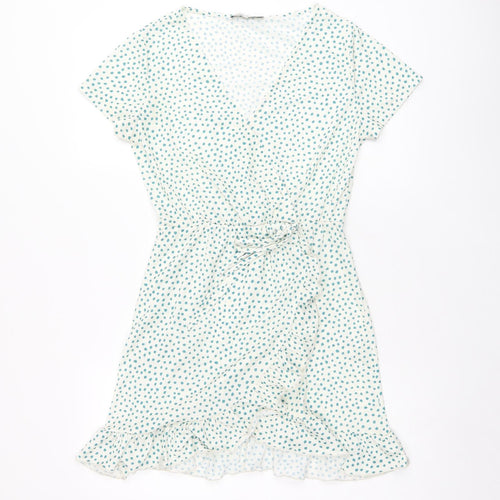 Pull&Bear Womens White Polka Dot Polyester Wrap Dress Size M V-Neck Pullover