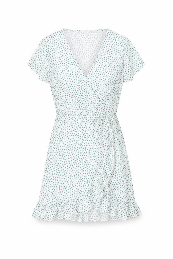 Pull&Bear Womens White Polka Dot Polyester Wrap Dress Size M V-Neck Pullover