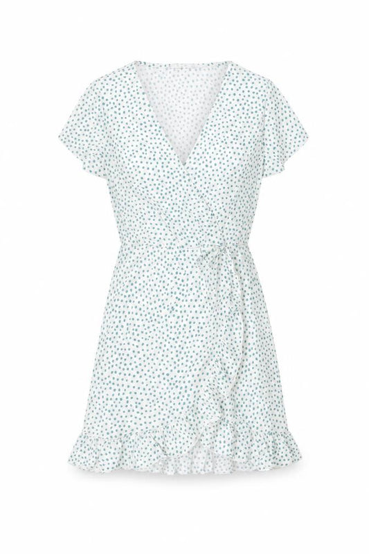 Front view of Pull&Bear women’s white polka dot polyester wrap dress, size M, v-neck pullover