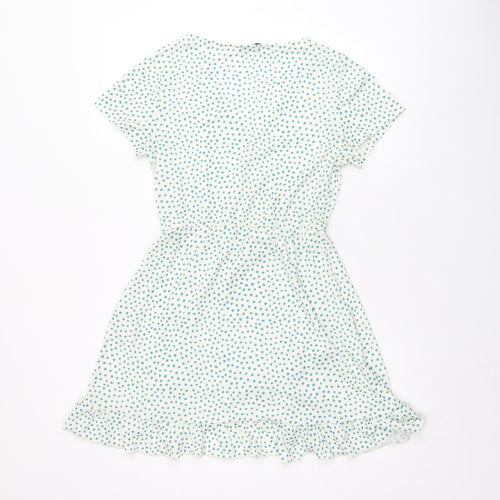 Pull&Bear Womens White Polka Dot Polyester Wrap Dress Size M V-Neck Pullover