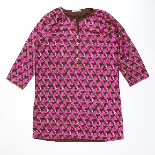 Khaadi Womens Brown Geometric Viscose Tunic Blouse Size 12 Boat Neck