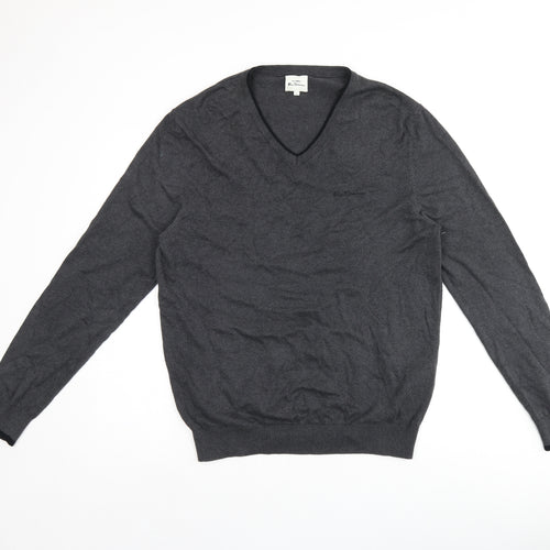 Ben Sherman Mens Grey V-Neck Cotton Pullover Jumper Size L Long Sleeve