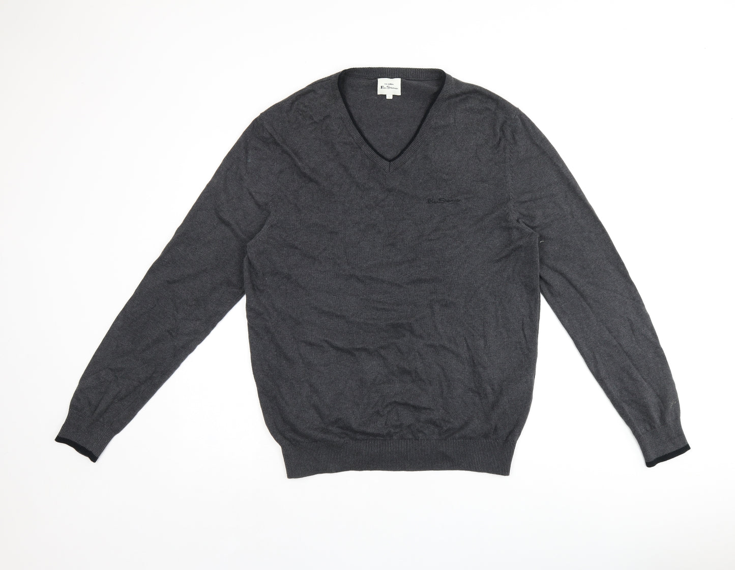 Ben Sherman Mens Grey V-Neck Cotton Pullover Jumper Size L Long Sleeve