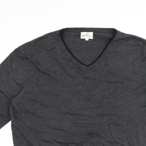 Ben Sherman Mens Grey V-Neck Cotton Pullover Jumper Size L Long Sleeve