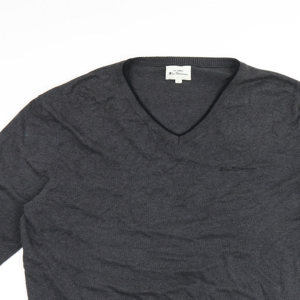 Ben Sherman Mens Grey V-Neck Cotton Pullover Jumper Size L Long Sleeve