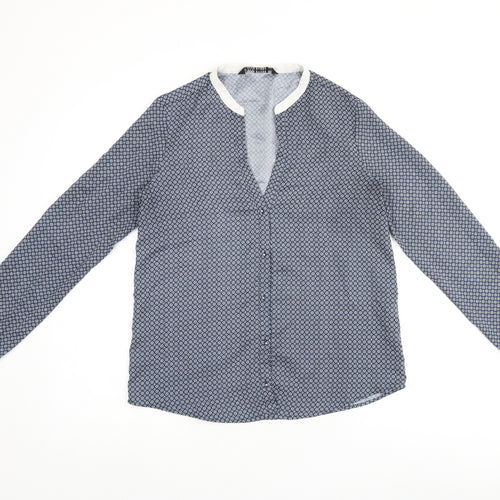Zara Womens Blue Geometric Polyester Basic Button-Up Size M V-Neck