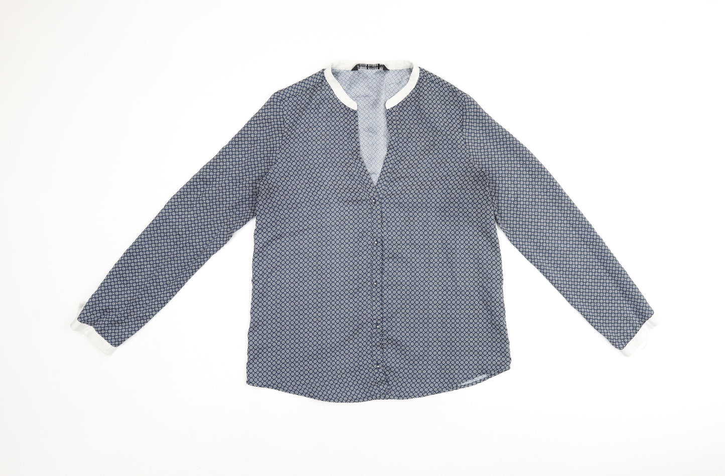 Zara Womens Blue Geometric Polyester Basic Button-Up Size M V-Neck