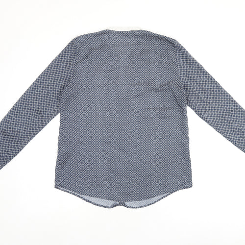 Zara Womens Blue Geometric Polyester Basic Button-Up Size M V-Neck