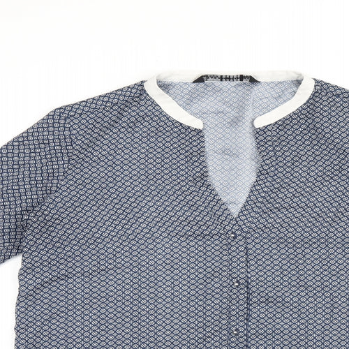 Zara Womens Blue Geometric Polyester Basic Button-Up Size M V-Neck