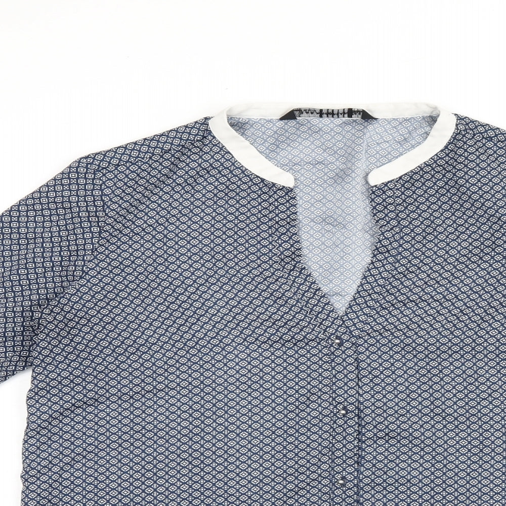 Zara Womens Blue Geometric Polyester Basic Button-Up Size M V-Neck