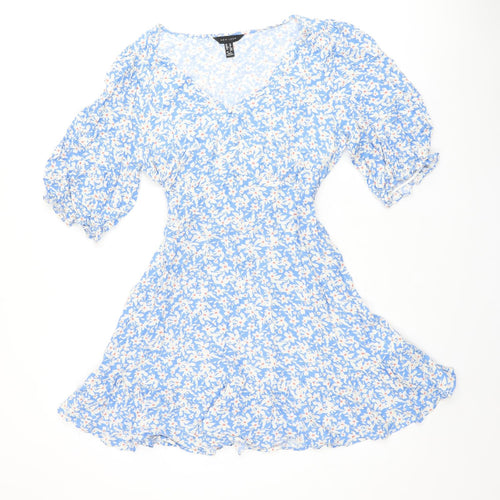 New Look Womens Blue Floral Viscose Skater Dress Size 10 V-Neck Pullover