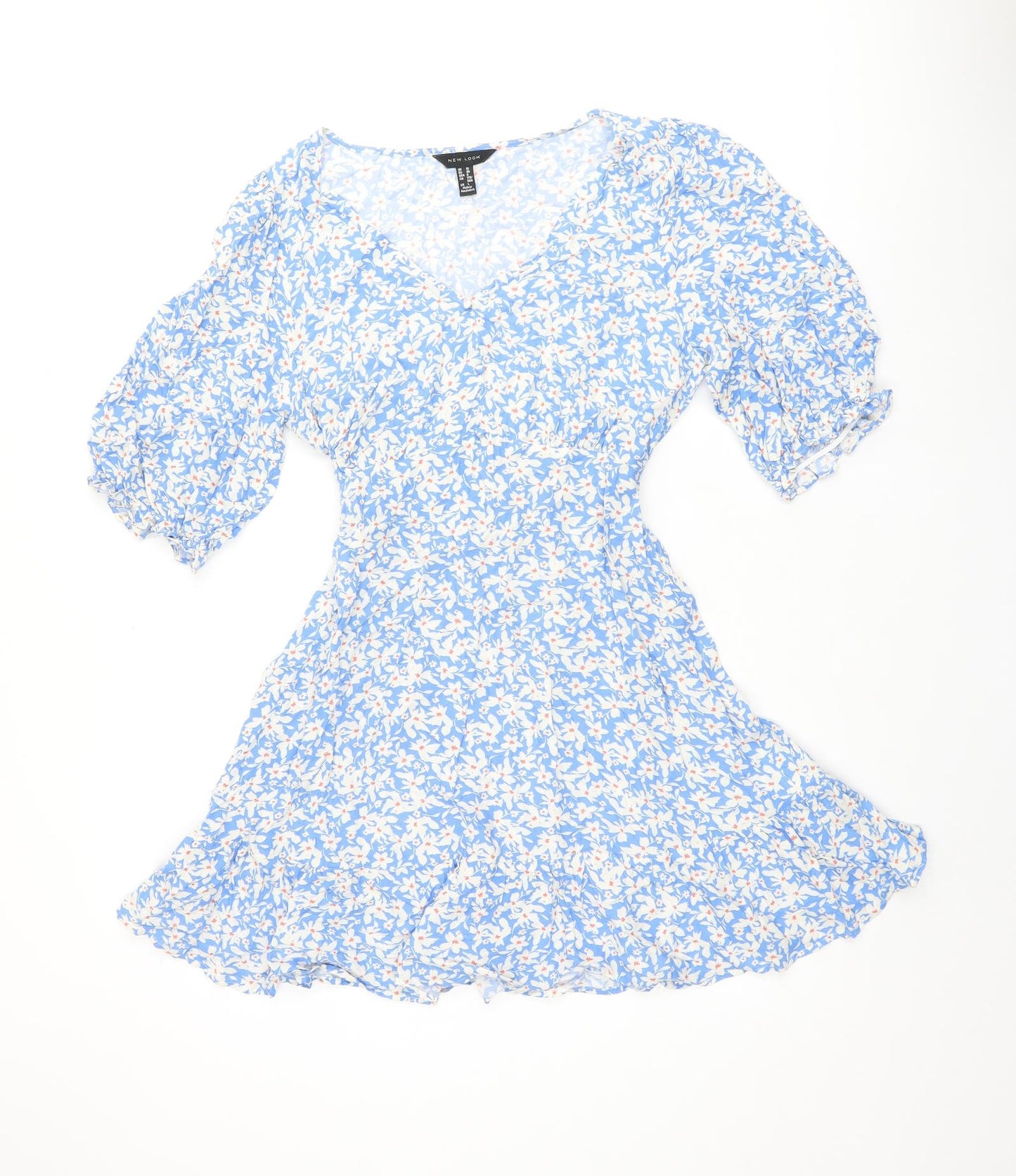 New Look Womens Blue Floral Viscose Skater Dress Size 10 V-Neck Pullover