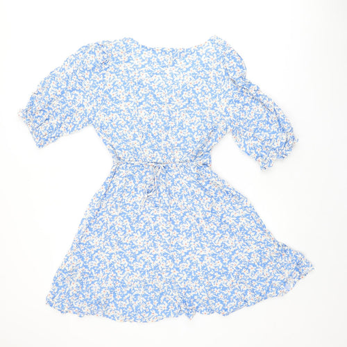 New Look Womens Blue Floral Viscose Skater Dress Size 10 V-Neck Pullover