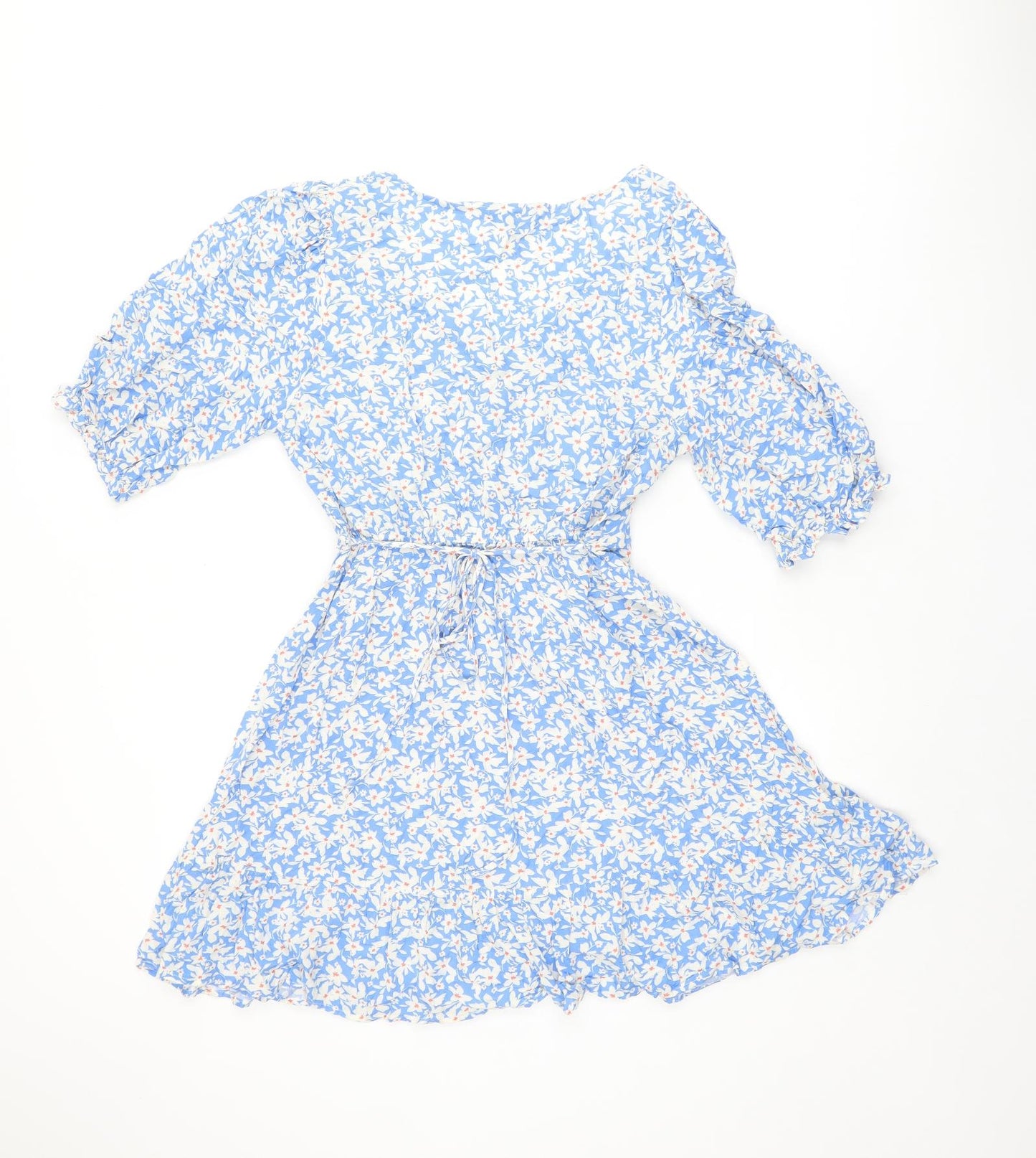New Look Womens Blue Floral Viscose Skater Dress Size 10 V-Neck Pullover