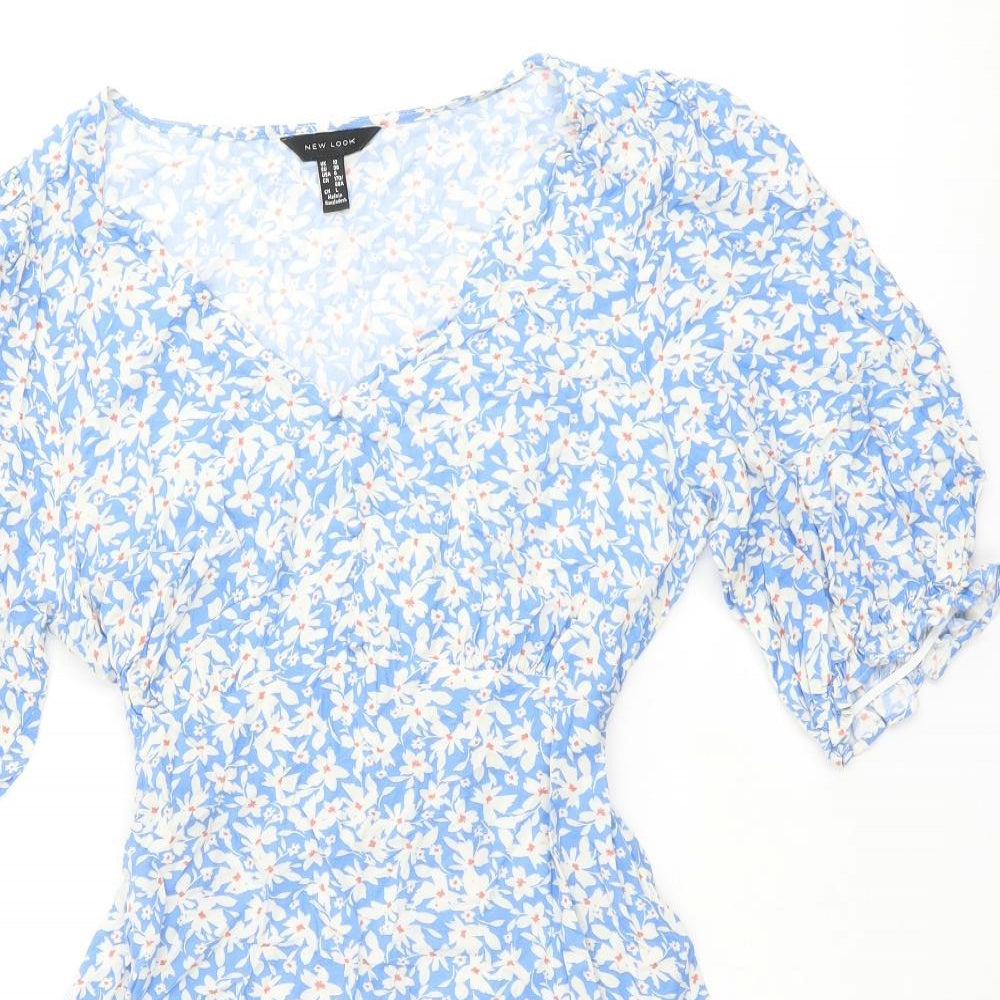 New Look Womens Blue Floral Viscose Skater Dress Size 10 V-Neck Pullover