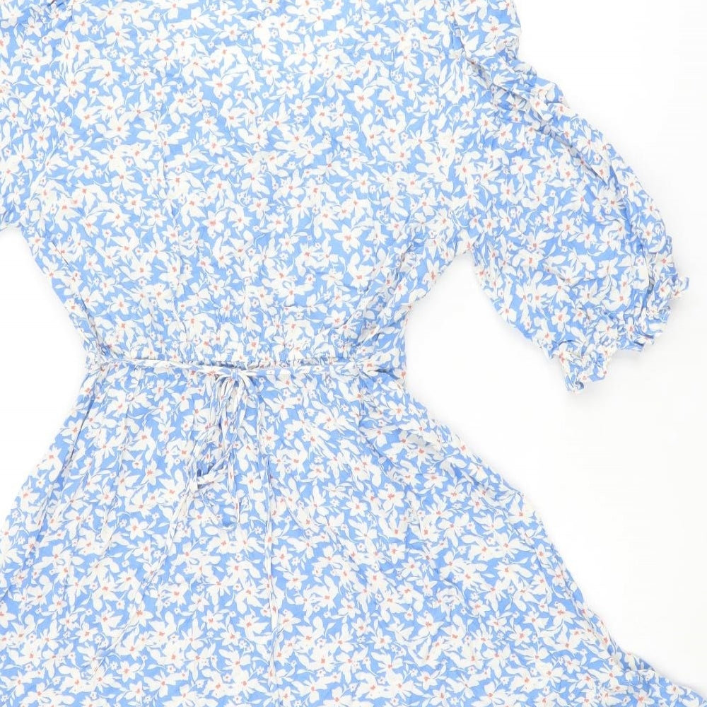 New Look Womens Blue Floral Viscose Skater Dress Size 10 V-Neck Pullover