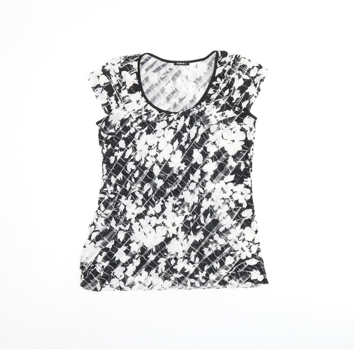 Roman Womens Black Floral Polyester Basic T-Shirt Size 12 Scoop Neck