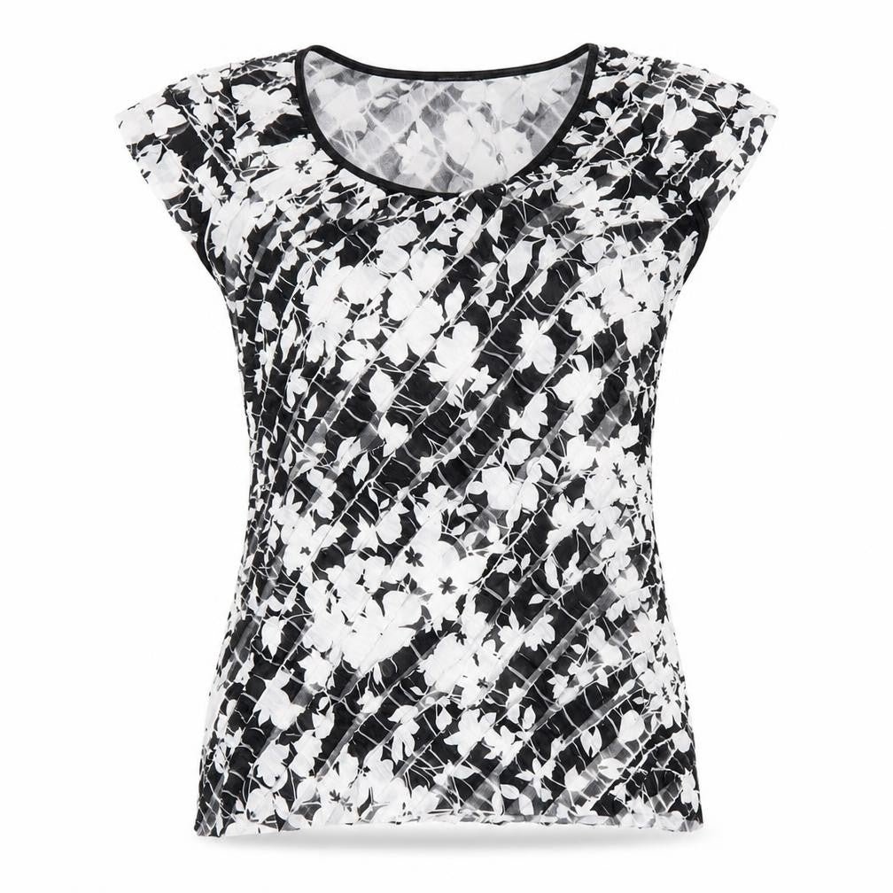 Front view of Roman women’s black floral polyester basic t-shirt, size UK 12, scoop neck