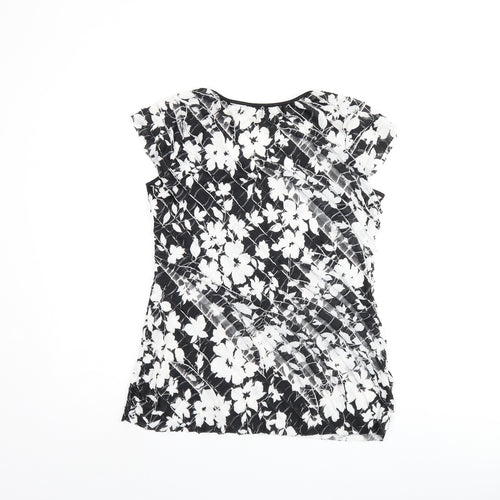 Roman Womens Black Floral Polyester Basic T-Shirt Size 12 Scoop Neck