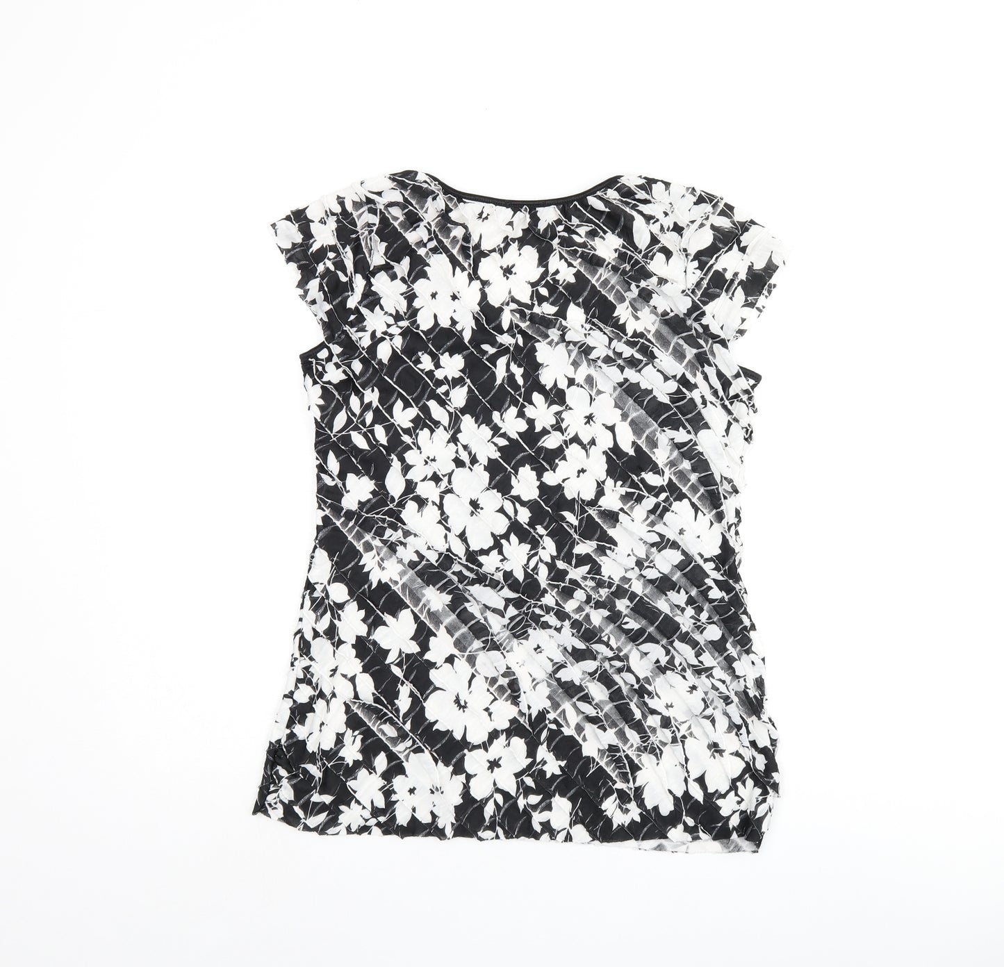 Roman Womens Black Floral Polyester Basic T-Shirt Size 12 Scoop Neck