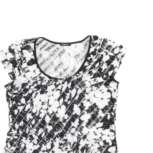 Roman Womens Black Floral Polyester Basic T-Shirt Size 12 Scoop Neck