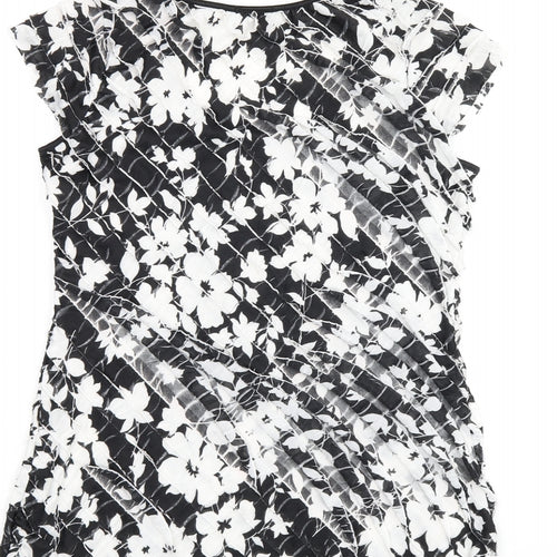 Roman Womens Black Floral Polyester Basic T-Shirt Size 12 Scoop Neck