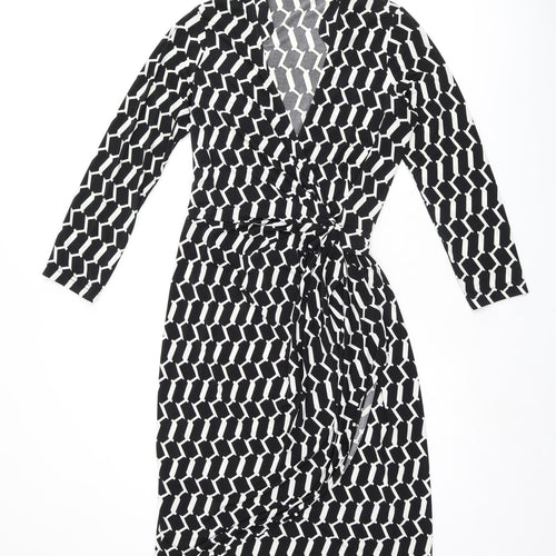 Wallis Womens Black Geometric Polyester Wrap Dress Size 10 V-Neck Tie